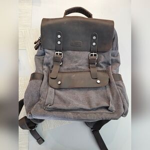 Gray Canvas Backpack with Real Leather Accents